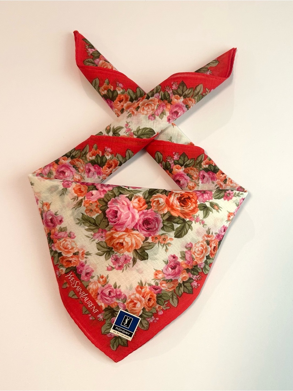 NWT Women Handkerchief YSL Floral Red White Rose Cotton Pocket Square 18”